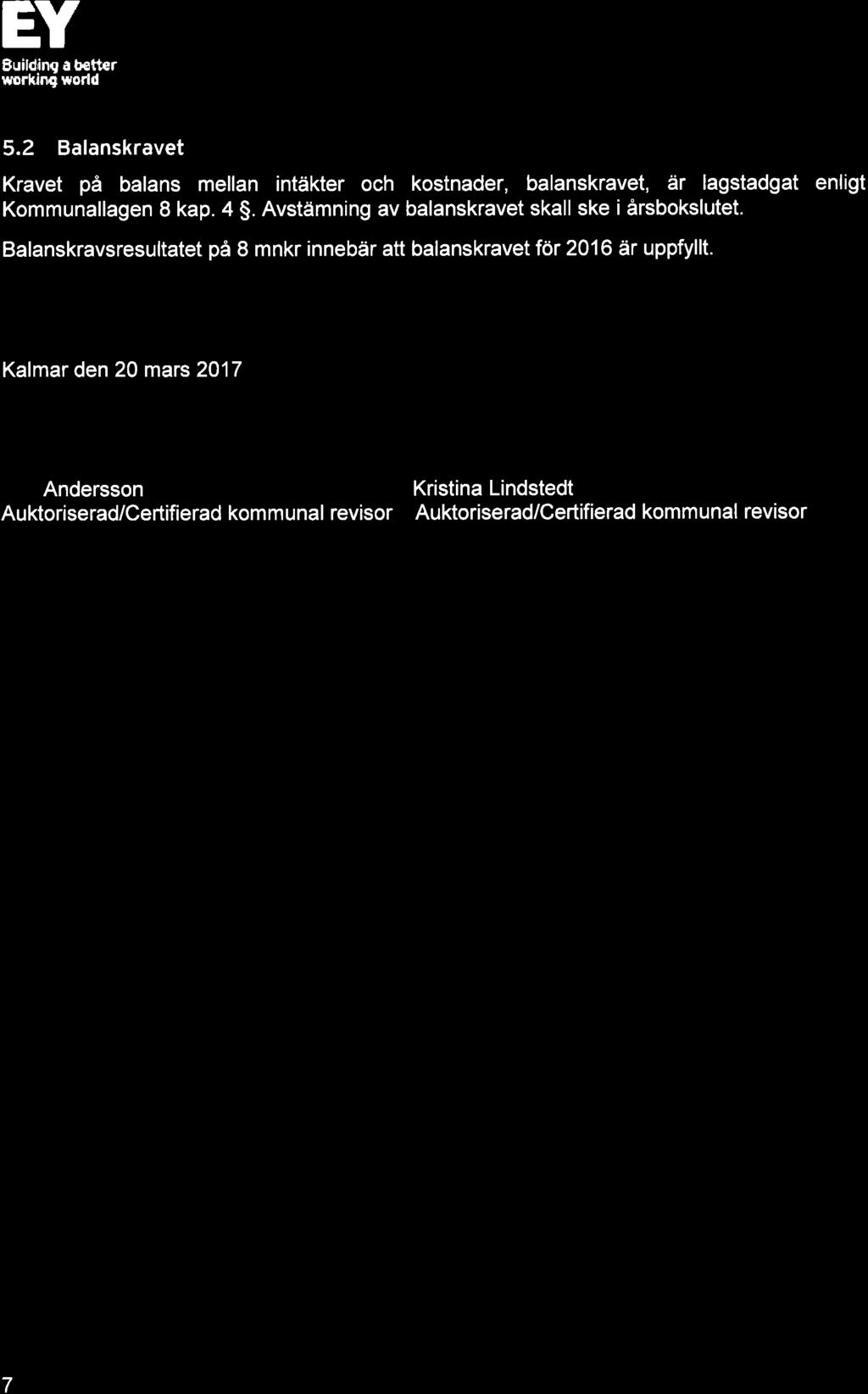 EY Euilding rrcddnb world å þ tt r 82 5.2 Balanskravet Kravet på balans mellan intäkter och kostnader, balanskravet, är lagstadgat enligt Kommunallagen I kap. 4 $.