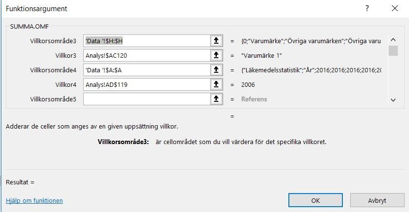 Funktionen behöver följande argument; Summaområde De celler som innehåller informationen som du vill summera. Om du har stora mängder data så kan du med fördel markera upp hela kolumner.