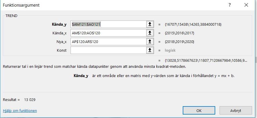 Funktionen behöver följande argument; Värde Den formel du vill utföra Värde_om_fel Det värde du vill visa om din formel ger ett fel-meddelande TREND() (TREND) Gör det enkelt att beräkna framtida