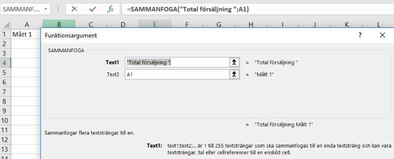 & eller SAMMANFOGA() (CONCATENATE) Ett utmärkt sätt att skapa upp flexibla rubriker och slutsatser genom möjligheten att bygga en formel där du kan kombinera egen inlagd text (skrivs in inom