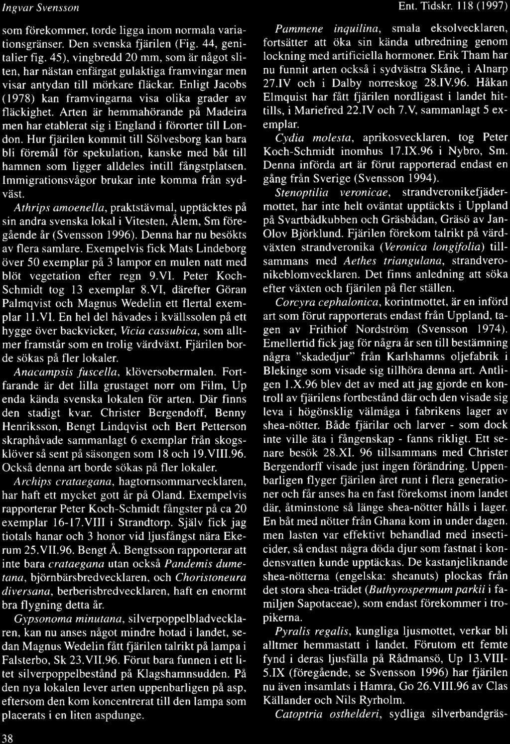 Ingvar Svensson som fdrekommer, torde ligga inom normala variationsgrdnser. Den svenska fjiirilen (Fig. 44, genitalier fig.