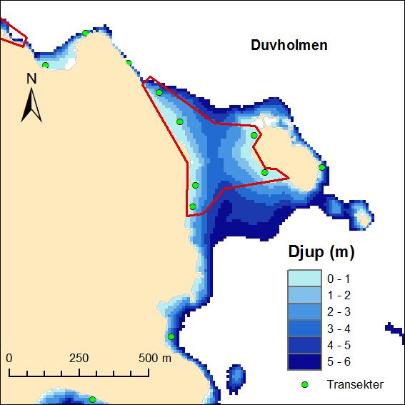 Marin naturvärdesbedömning av Lidingös kustvatten Hårsärv D Figur 21. Karta över sundet innanför Duvholmen. ita vattenområden är över 6 meter djupa.