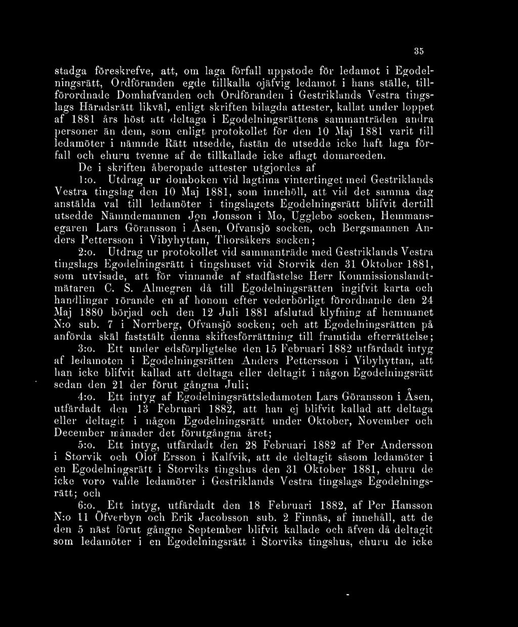 för den 10 Maj 1881 varit till ledamöter i nämnde Rätt utsedde, fastän de utsedde icke haft laga förfall och ehuru tvenne af de tillkallade icke aflagt domareeden.