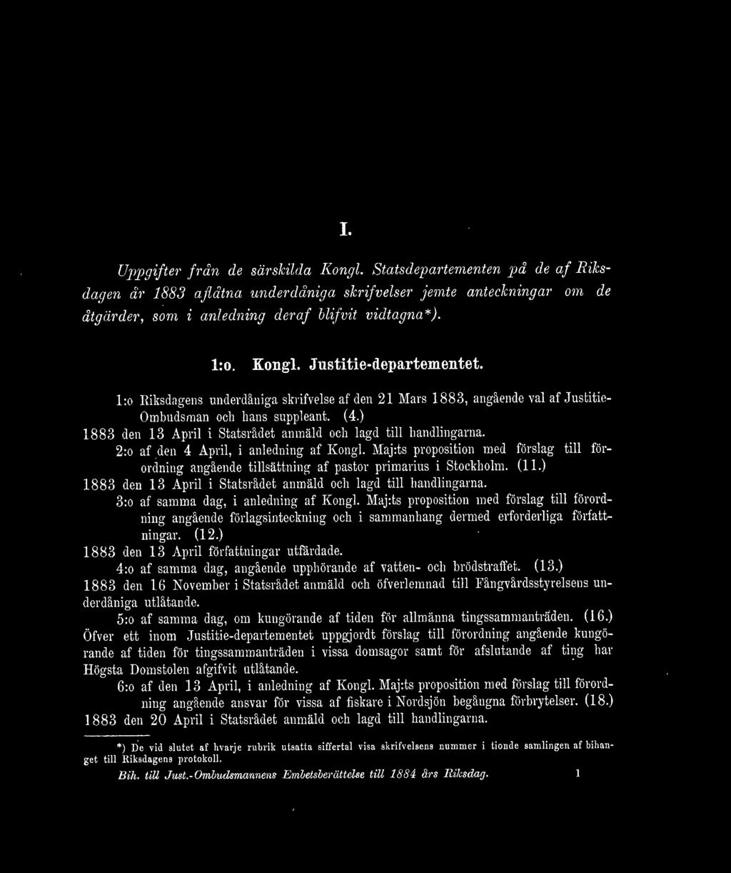 ) 1883 den 13 April i Statsrådet anmäld och lagd till handlingarna. 2:o af den 4 April, i anledning af Kongl.