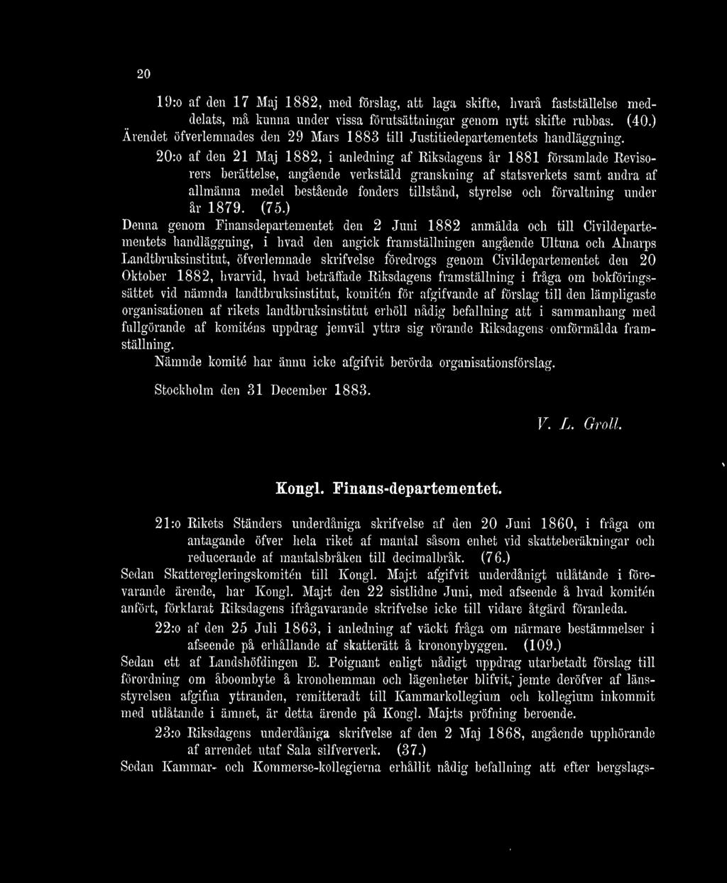 20:o af den 21 Maj 1882, i anledning af Riksdagens år 1881 församlade Revisorers berättelse, angående verkstäld granskning af statsverkets samt andra af allmänna medel bestående fonders tillstånd,
