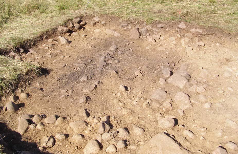 Skärvig sten förekom sporadiskt i hela schaktet, ett fåtal tydligt skörbrända. Under lager 1 framkom ett lager mer grovkornig sand med större inslag av grus och småsten (L6).