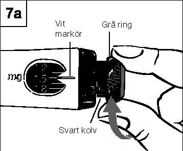 Vrid den svarta ringen tills din dos är mitt för den vita markören. Din läkare eller sjuksköterska har talat om för dig vilken dos du ska ha. c.