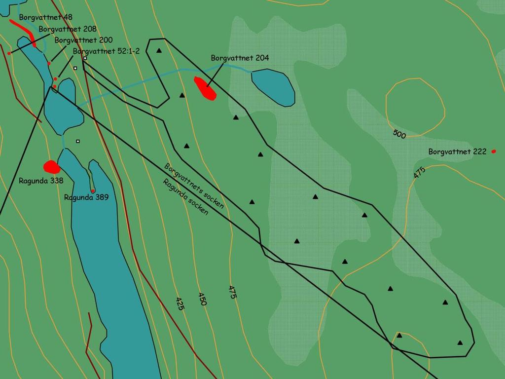 Figur 3. Utredningsområdet Lillvillflon och de tidigare registrerade kulturhistoriska lämningarna (rödmarkeringar) enligt FMIS och som nämns i texten.