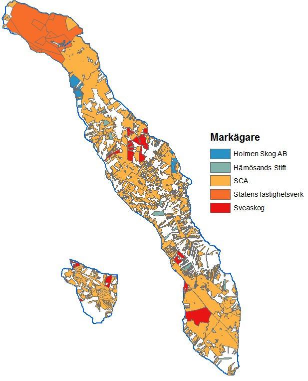 Figur 6. Markägarkarta över Ohredahke sameby. Den vita färgen visar privata markägare (Ohredahke samebys renbruksplan 2013, redigerad) Figure 6. Map over landowners in Ohredahke RHC.