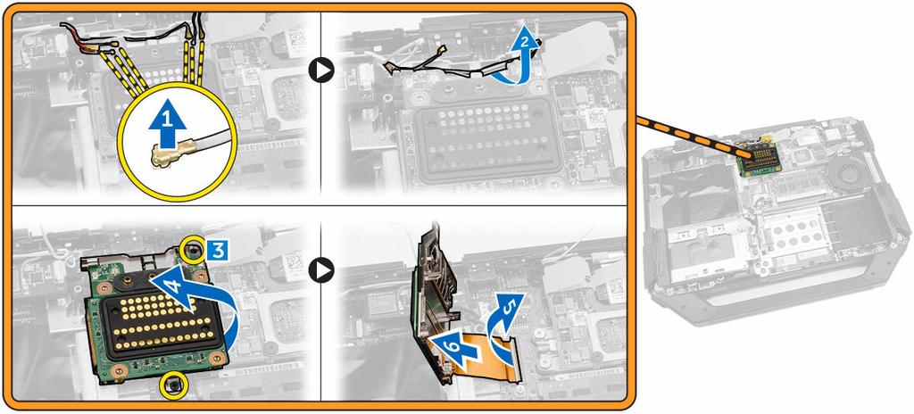 Ta bort dockningskortet 1. Följ anvisningarna i Innan du arbetar inuti datorn. 2. Ta bort: a. Batteriet b. Underhöljet 3. Utför följande steg som visas i illustrationen: a.