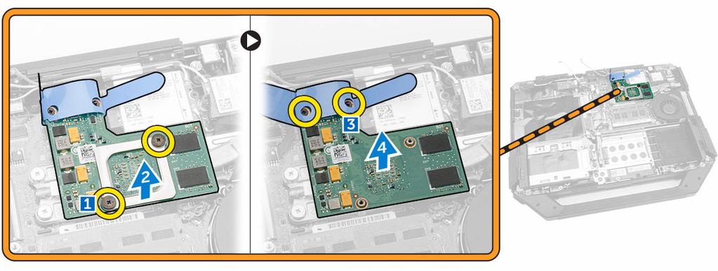 Ta bort GPU kortet 1. Följ anvisningarna i Innan du arbetar inuti datorn. 2. Ta bort: a. Batteriet b. Hårddisken c. Den opiska enheten d. Underhöljet e. Dockningskortet 3.