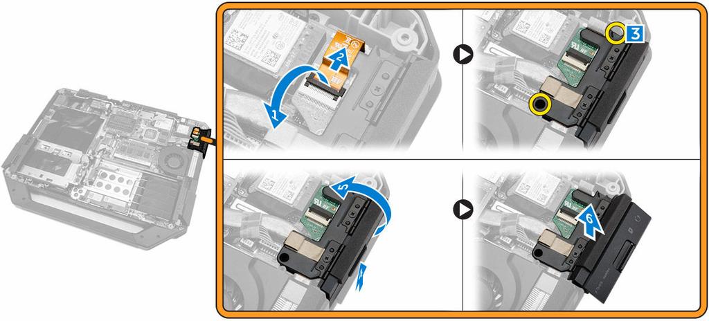 Ta bort SIM-modulen 1. Följ anvisningarna i Innan du arbetar inuti datorn. 2. Ta bort: a. Batteriet b. Hårddisken c. Den optiska enheten d. Underhöljet 3.