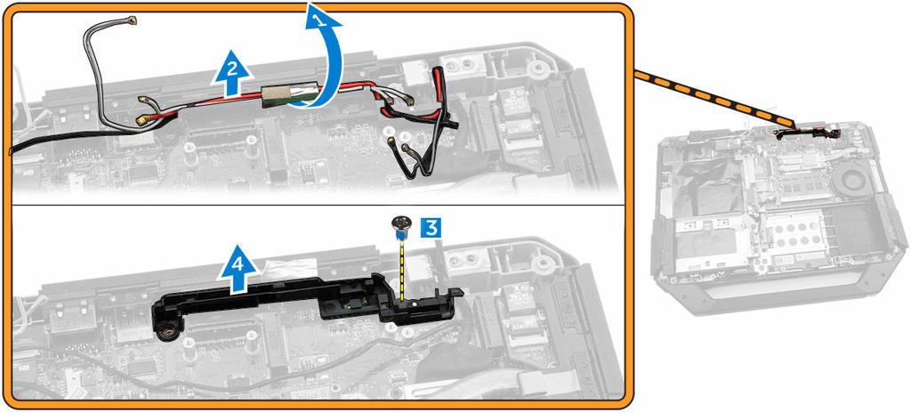 Installera RF-hållaren 1. Placera RF-hållaren på datorn. 2. Dra åt skruvarna som håller RF-hållaren i datorn. 3. Anslut antennkabeln. 4. Dra antennkabeln. 5. Installera: a. WLAN-kortet b.