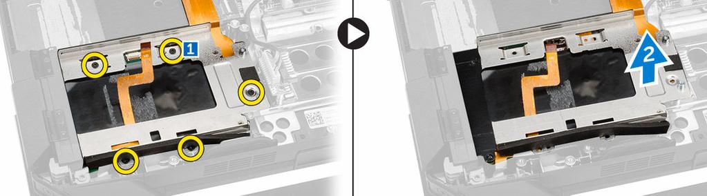 Installera SSD-fästet 1. Sätt SSD-fästet på plats i datorn. 2. Dra åt skruvarna som håller fast SSD-kontakten. 3. Sätt fast tejpen på datorn. 4. Anslut kabeln för SSD-fästet till datorn. 5.