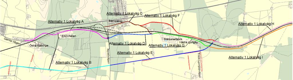 Figur 16 Lokalvägar som utretts i alternativ 1, utbyggnad i befintlig sträckning (Trafikverket, 2016).