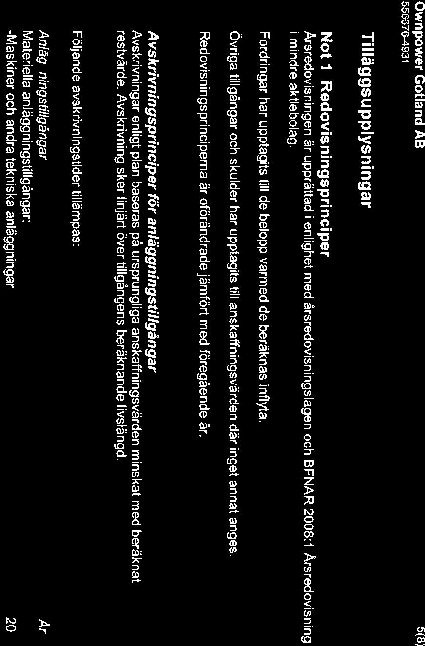 5(8) Tilläggsupplysningar Not 1 Redovisningsprinciper Arsredovisningen är upprättad i enlighet med årsredovisningslagen och BFNAR
