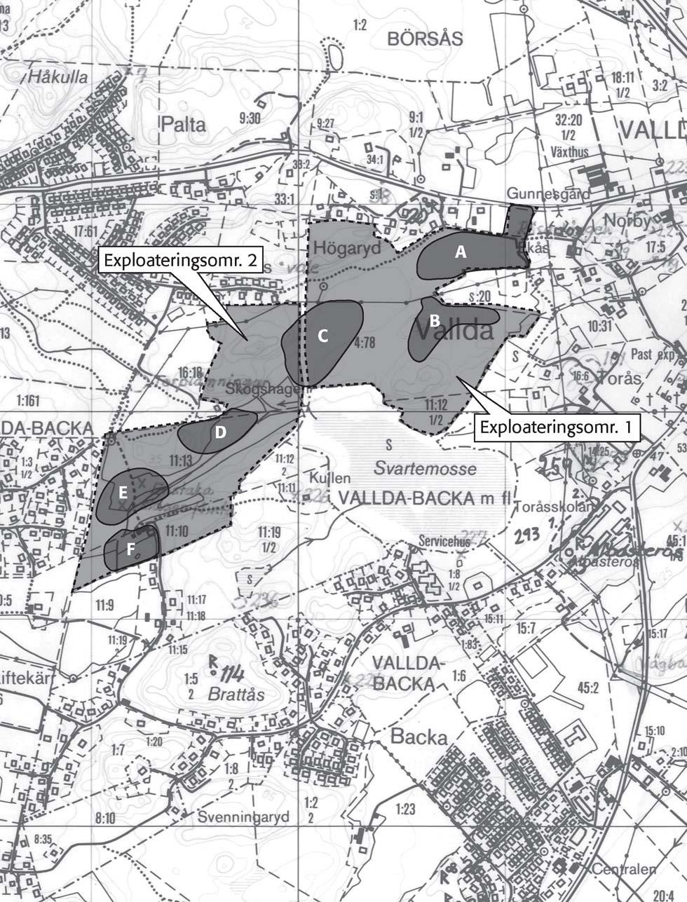 Fig. 6. Föreslagna förundersökningsområden A F. Skala 1:10 000. Godkänd från sekretessynpunkt för spridning.