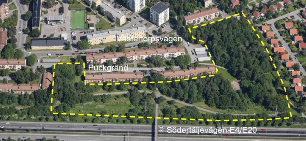 Inledning I området kvarteret Pucken, lokaliserat i södra delen av stadsdelen Västertorp intill E4/E20 Södertäljevägen i Stockholm, planeras fyra byggnader som ska rymma cirka 80 lägenheter att