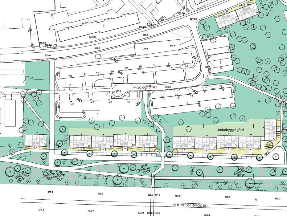 planeras ett parkeringsgarage med 35 p-platser med infart från den nya lokalgatan söder om husen. Figur 2. Planområdet som utbyggnadsalternativ år 2020.