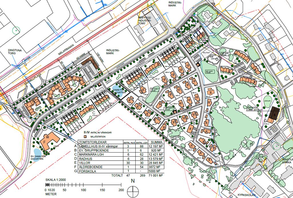 Figur 1 Detaljplaneområdet som omfattas av trafikbullerutredningen. Benämning av hus och byggnader enligt Metod arkitekter.