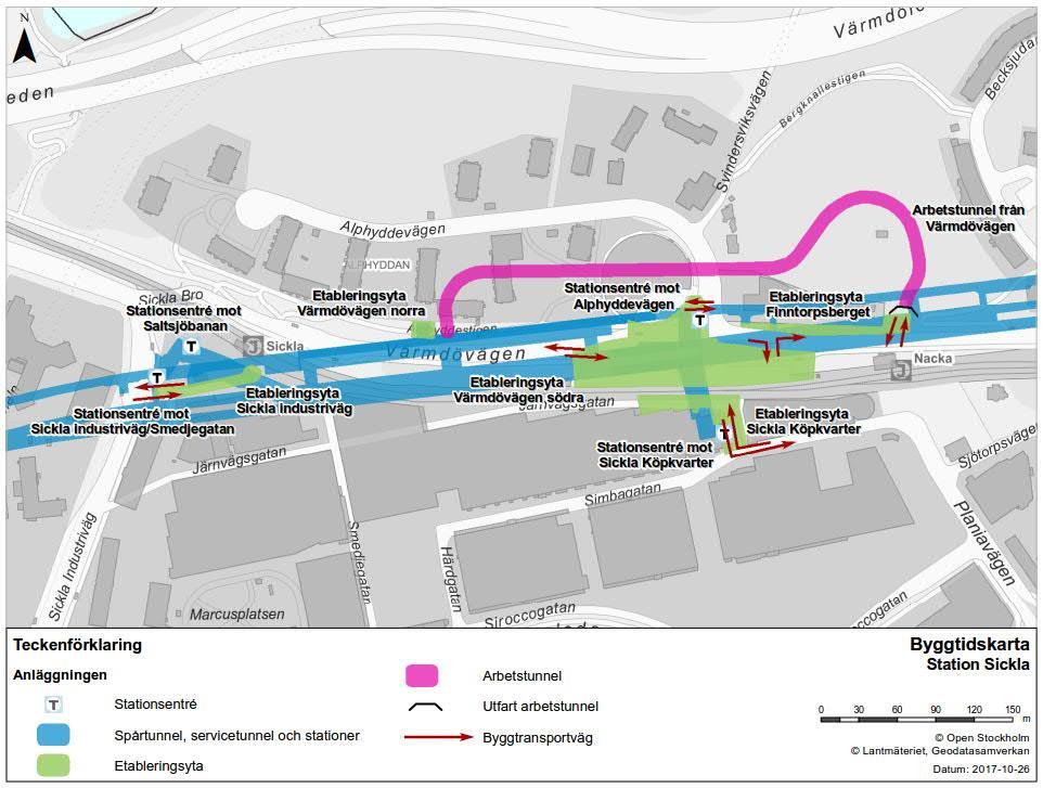 Figur 12. Stationsentréer och etableringsytor i anslutning till station Sickla. Figur 13.