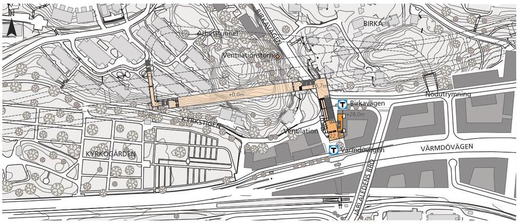 Figur 15. Stationsentréer till station Järla för färdig anläggning. Driftskede Station Järla är lokaliserad i närheten av befintlig station Saltsjö-Järla på Saltsjöbanan.