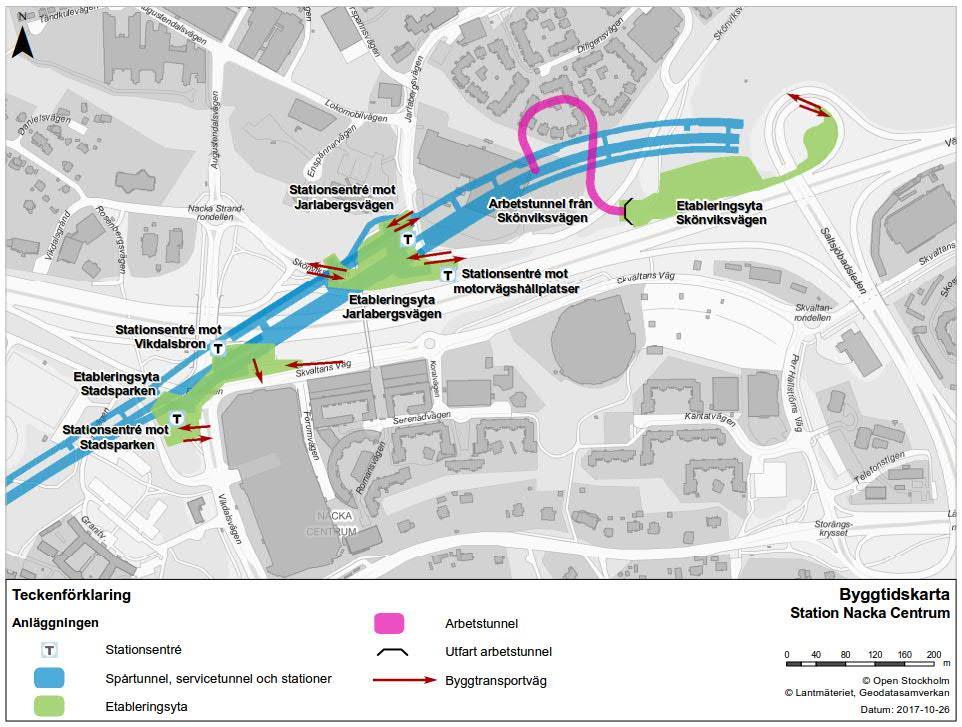 Station Nacka Centrum Stationsentréer och etableringsytor för station Nacka Centrum redovisas i Figur 16 och i Figur 17 redovisas