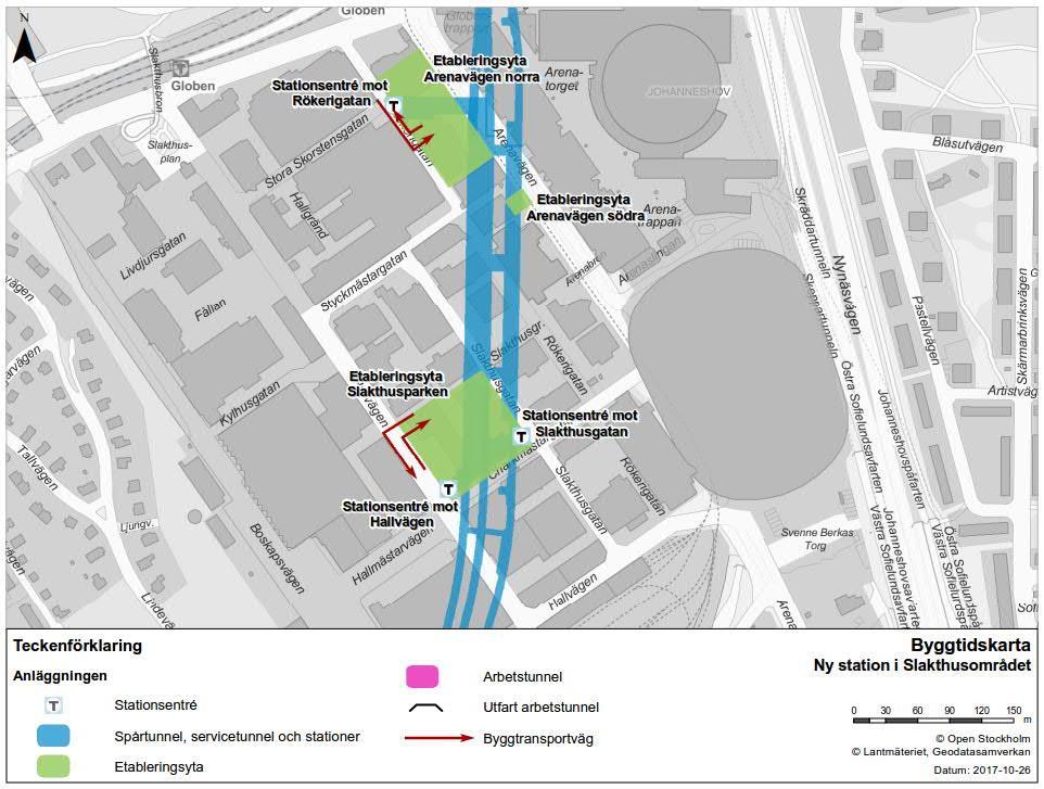 Ny station i Slakthusområdet Stationsentréer och etableringsytor för ny station i Slakthusområde redovisas i Figur 20 och i Figur 21 redovisas stationsentréerna i