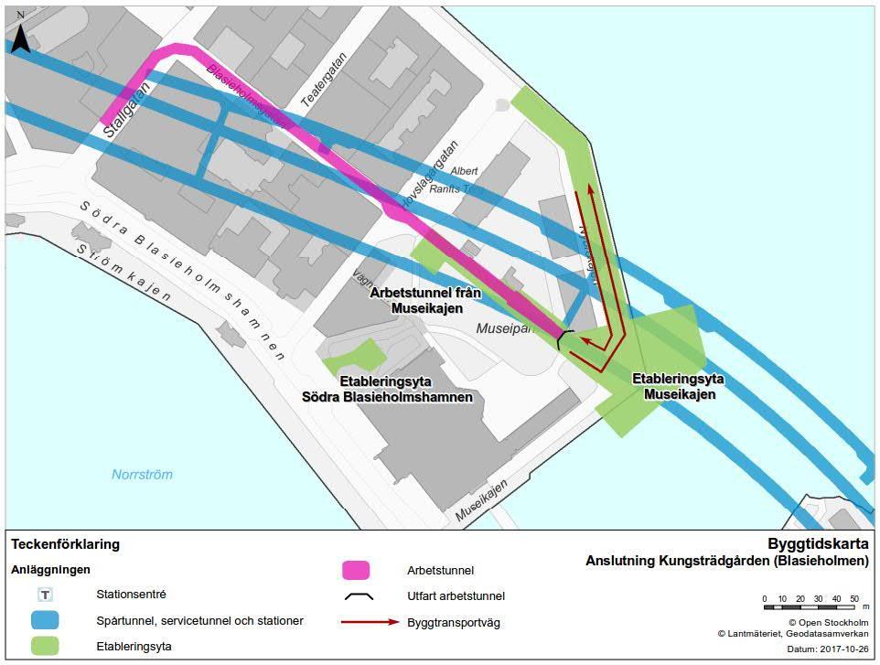 Anslutning Kungsträdgården (Blasieholmen) Etableringsytan för anslutning Kungsträdgården redovisas i Figur 24 och i Figur 25 redovisas