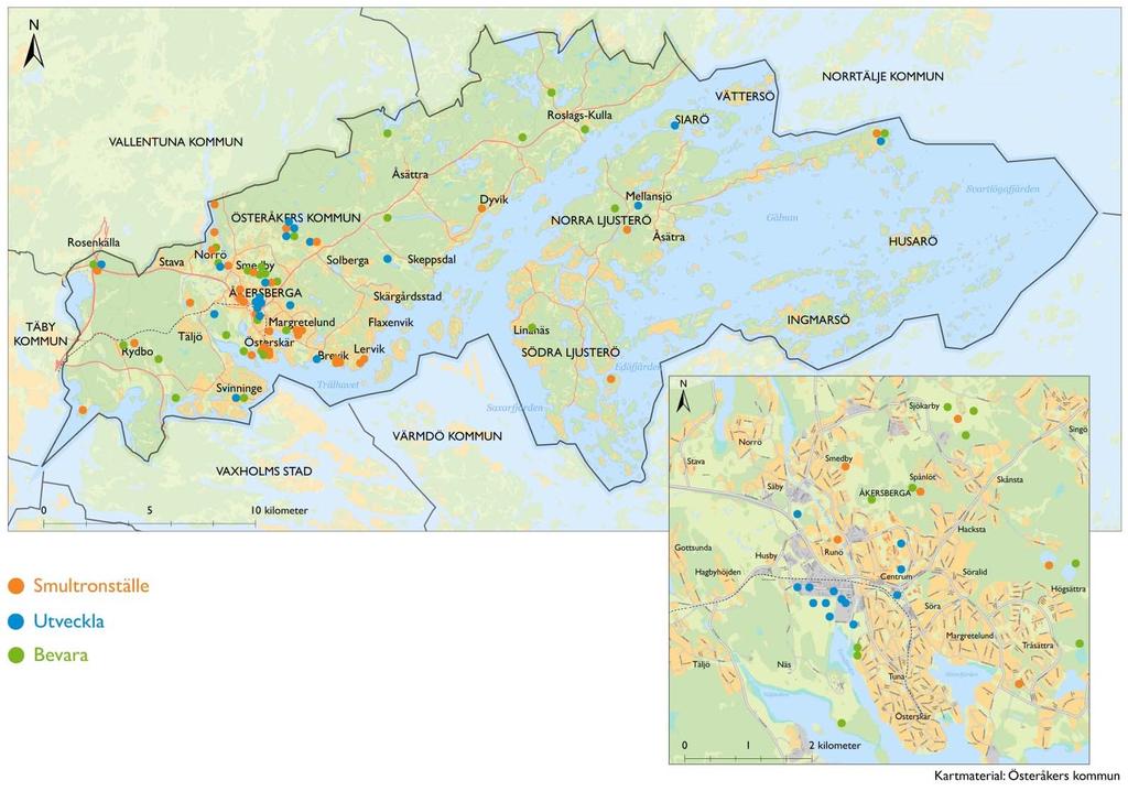 Figur 2. Kommun kartan visande var i kommunen medborgarna tycker det kan utvecklas och bevaras samt var de har sina smultronställen.