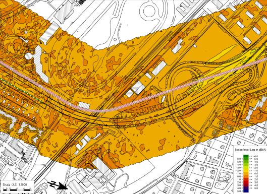 Sida 29 (36) Bilden visar skillnad i buller mellan en betongbro och en samverkansbro En separat redovisning har tagits fram av ljudnivåer från befintlig vägtrafik och planerad spårvägstrafik för