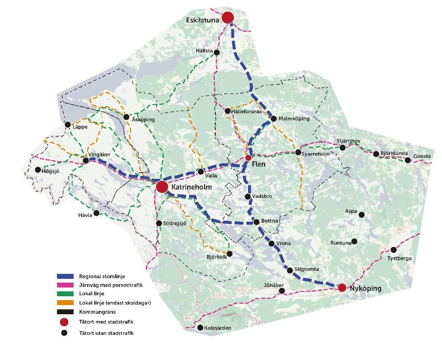 Nuvarande kollektivtrafik och resande i område Flen, Katrineholm och Vingåker Nuvarande trafik och resande Regional kollektivtrafik Linjetrafiken i området utgörs av stadstrafik och strafik.