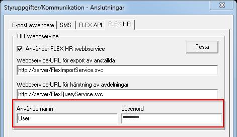 FLEX Tidredovisning Användarmeddelande (januari 2014) 17 FLEX HR Användare och lösenord För att öka säkerheten i kopplingen