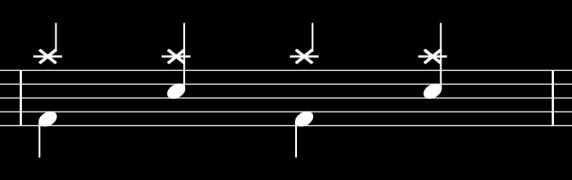 Trumnotation markeras med bastrumma på 1-strukna F, virveltrumma på 2-strukna C och hihat markeras med ett X på 2-strukna