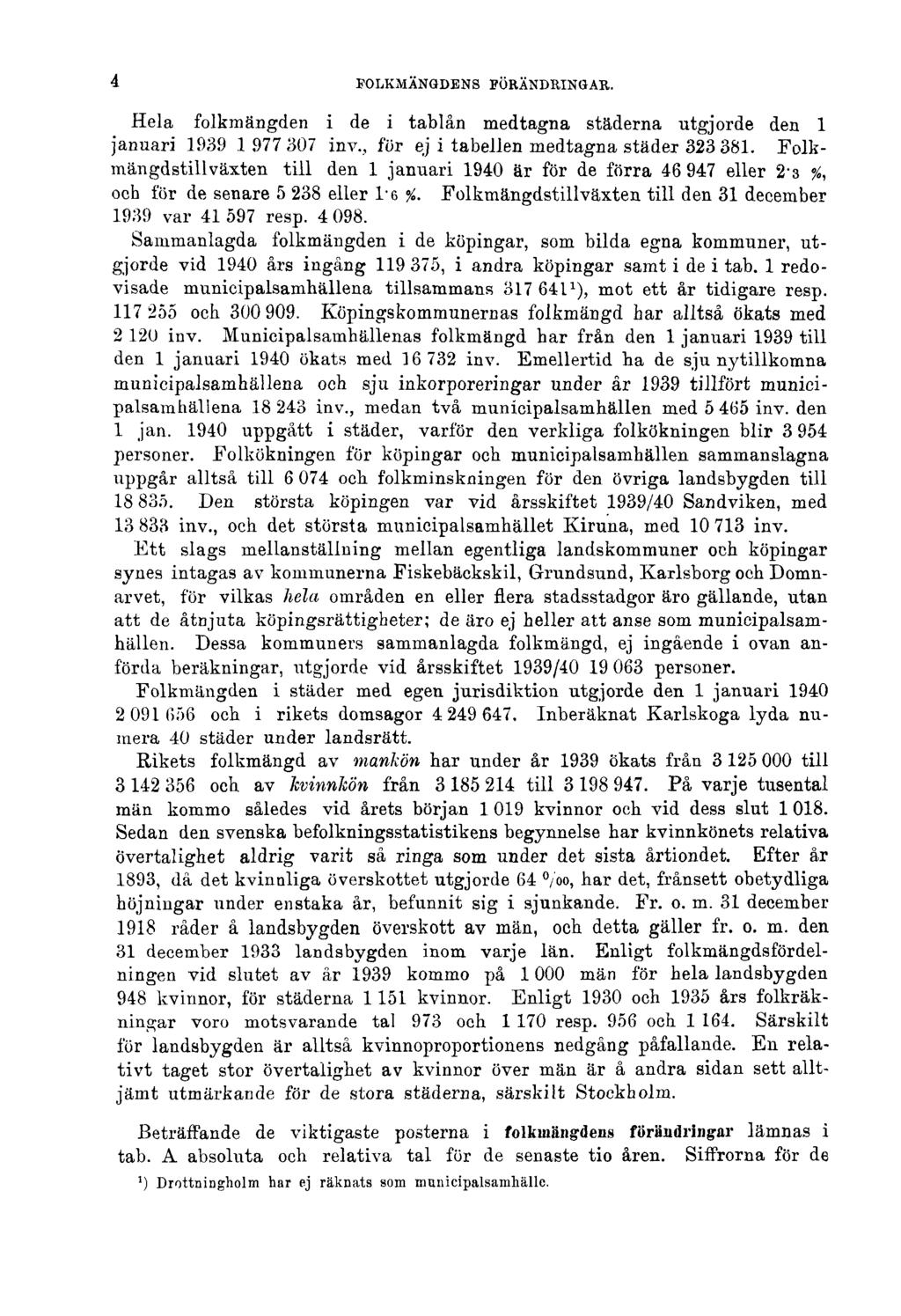 4 FOLKMÄNGDENS FÖRÄNDRINGAR. Hela folkmängden i de i tablån medtagna städerna utgjorde den 1 januari 1939.1977 307 inv., för ej i tabellen medtagna städer 323 381.