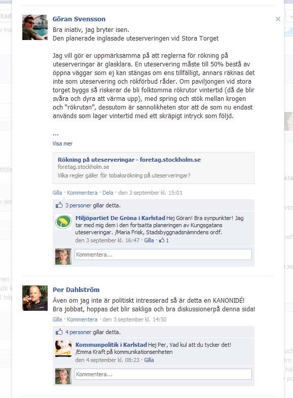 sid 5 (14) Initiativet gav stor respons från våra medborgare: Statusuppdateringar De medelanden som kommit ifrån Kommunpolitik i Karlstad har även de varierat stort.