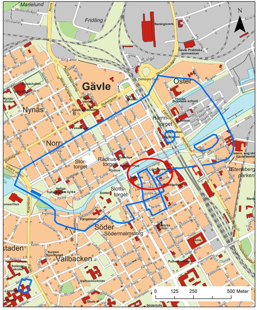 Bild 1. Översiktskarta över centrala Gävle med aktuellt område inringat med röd ring.