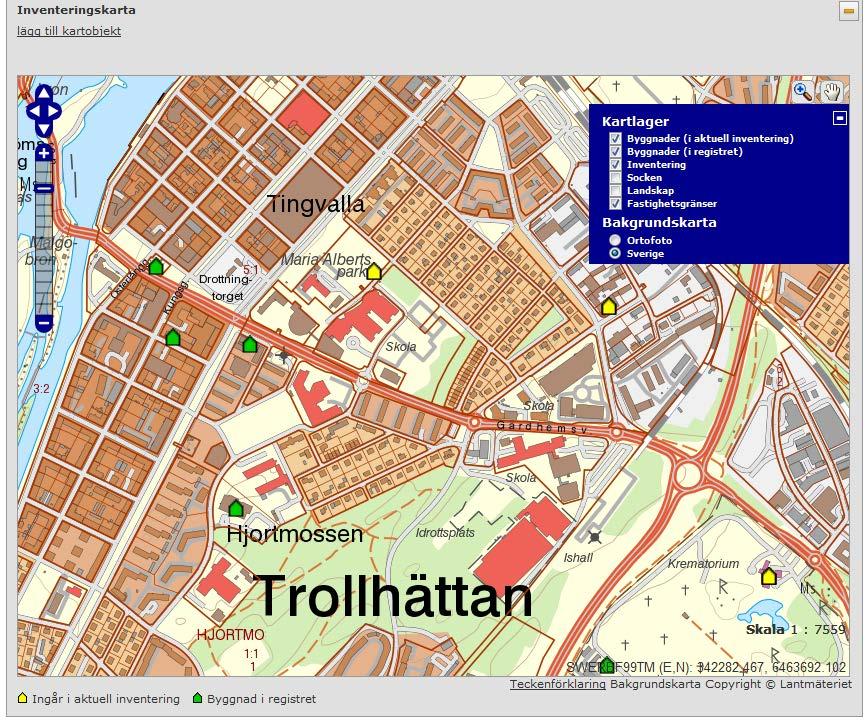 11 Gula hussymboler markerar de byggnader som ingår i den aktuella inventeringen Tänd och släck de olika kartlagren med hjälp av kartlagerlistan Gröna
