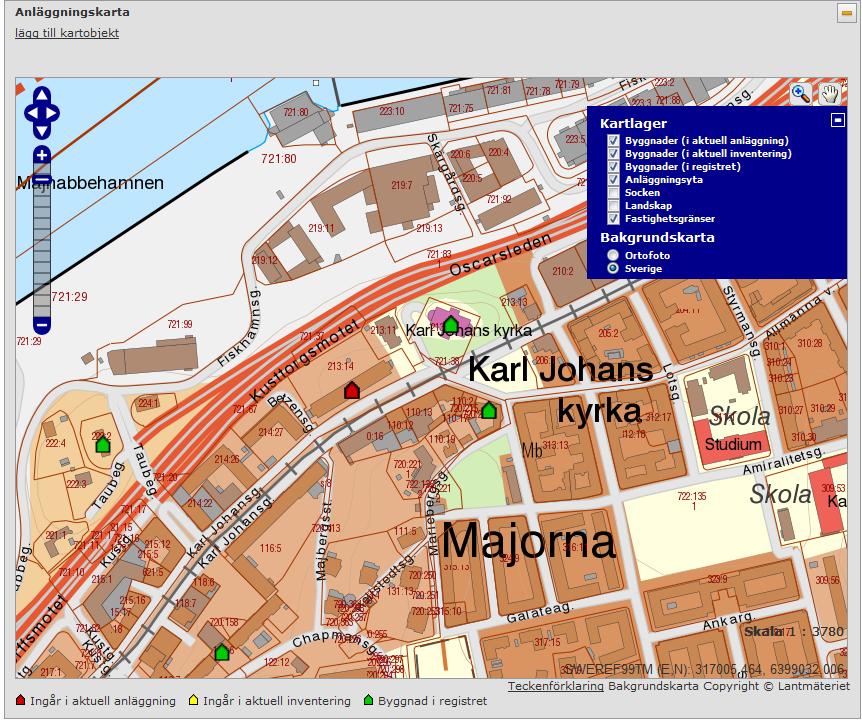22 ANLÄGGNINGSKARTA Anläggningskartan visar de byggnader som kopplats till inventeringen och anläggningen, och fungerar på samma sätt som kartan på inventeringsnivå.