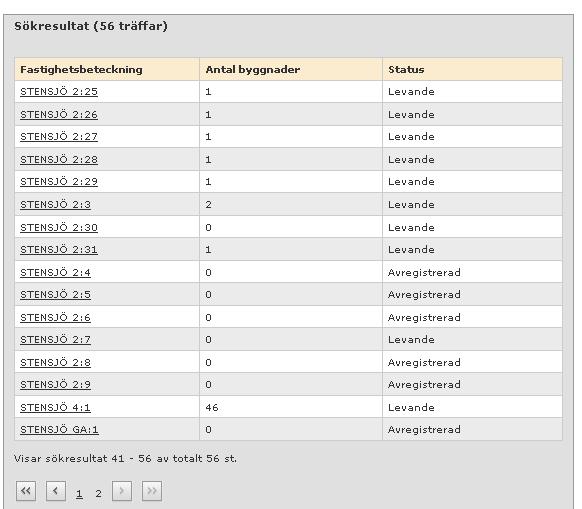 28 Klicka på länken för att välja fastighet Bild 35 I sökresultatet klickar du på den fastighet du vill länka till anläggningen. Byggnadens grunddata (byggnadsbeteckning, adress, koordinater etc.