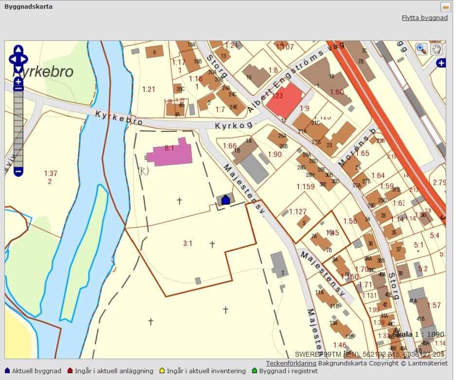 Bild 50. Den blå byggnadssymbolen markerar den aktuella byggnaden.