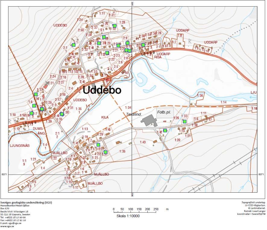 Väveriet i Uddebo Sida 5 av 9 1217-161 Figur 3. Utdrag ur SGU:s brunnsarkiv. Området är markerat med gult. 3 Historisk inventering 3.