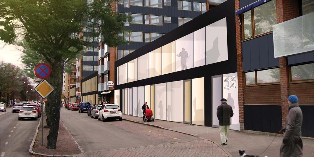 10/10 Mellan de fyra lamellerna, med sida mot Sten Sturegatan, föreslås nya byggnadsvolymer i två våningar som sluter kvarteret mot gaturummet.