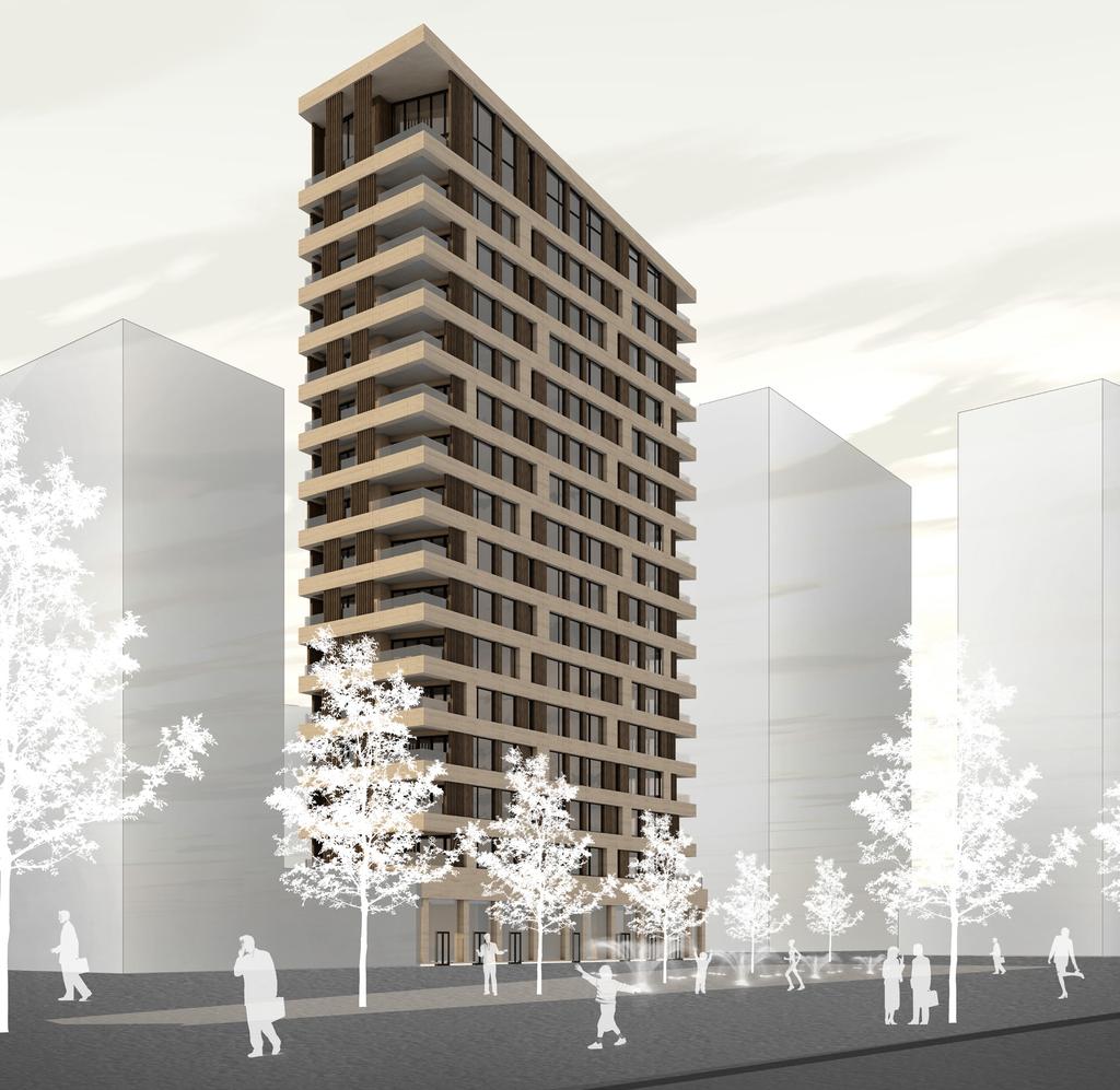 Höghus i trä och sten Koncept Denna byggnad har bostäder i de översta 15 våningarna och verksamheter i bottenplan. På varje bostadsplan finns det två fyror och en etta.