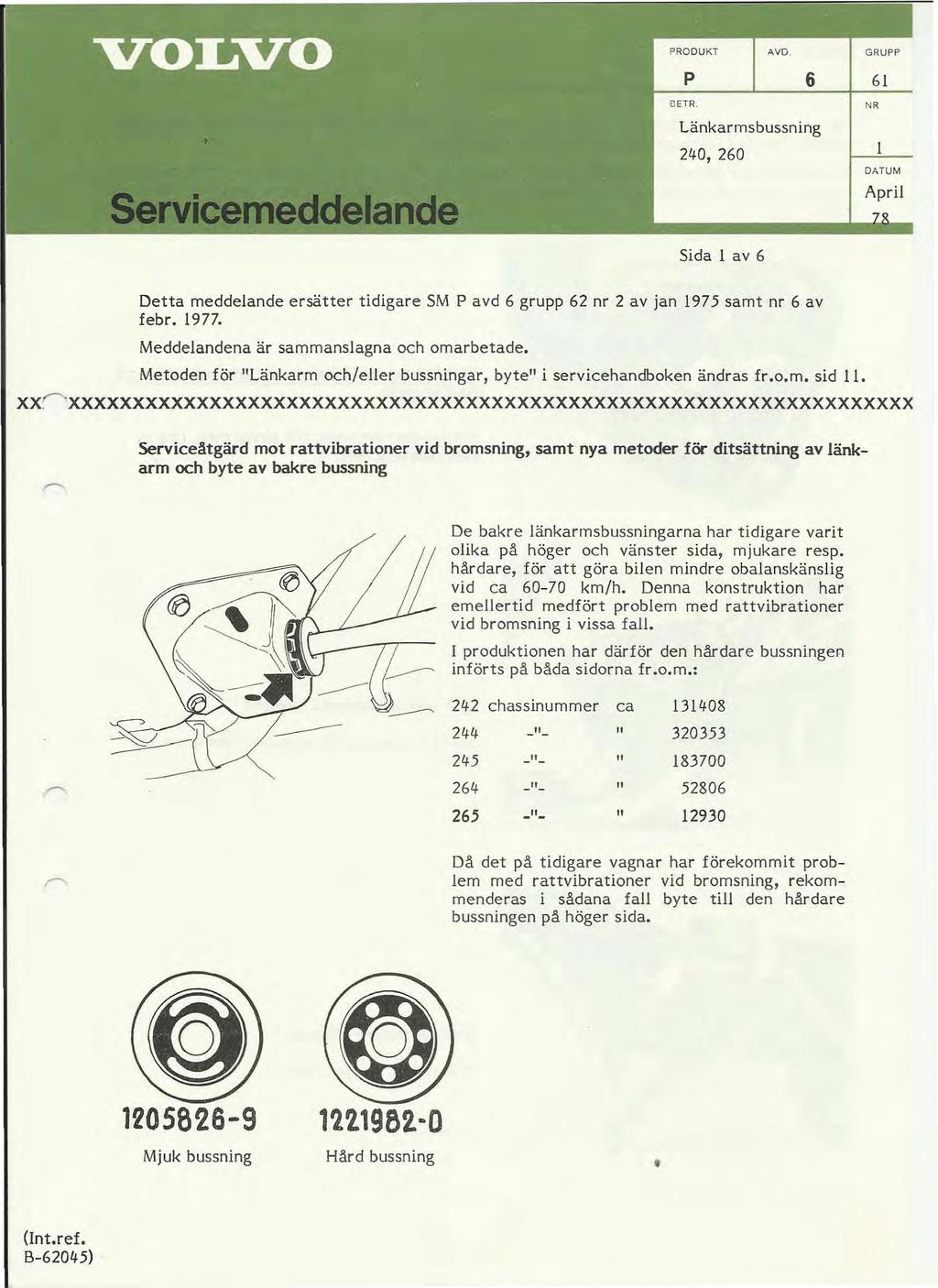 PRODUKT AVD. 8 ET R. p 6 Länkarmsbussning 240, 260 GRUPP 61 NR l DATUM April Sida l av 6 Detta meddelande ersätter tidigare SM P avd 6 grupp 62 nr 2 av jan 1975 samt nr 6 av febr. 1977.