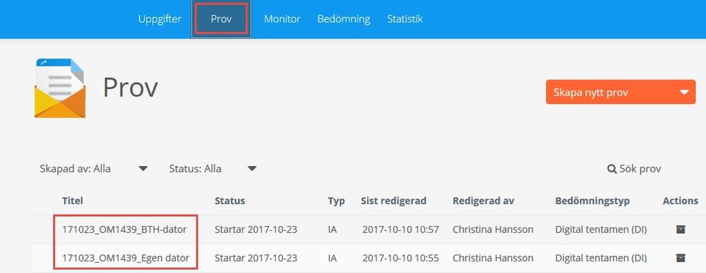 Att skapa tentamenstillfälle i Inspera med anmälda studenter från Ladok (T10) Viktigt! Påminn studenterna att de måste ha med sig/kunna sina inloggningsuppgifter, ex absd14@student.bth.