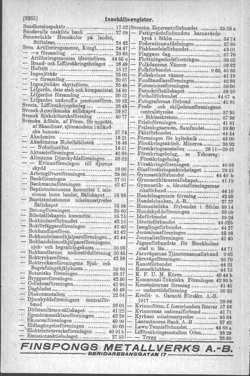 f8265] Innehlllls.register., Sundhetsinspektör 1752 Svenska. Esperantoförbundet, 3925!!> Sundsvalla enskilda bank.