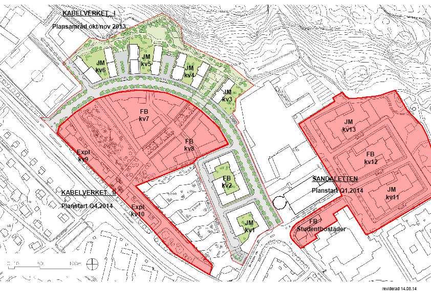 m. Programområdet Kvarteret Kabelverket m.fl., Solberga. Detaljplaneområde etapp 2 omfattar kvarteren 13 11 på kartan. Rosenbergs arkitekter.