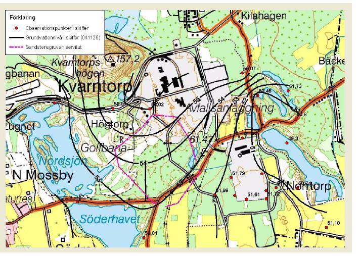 Figur 21: Tolkade grundvattennivåer i alunskiffer, ur Kvarntorpsområdet, studie av grundvattensystemet, SGU Projekt 43031 Det tredje magasinet finns i sandstenen och avskild från alunskifferakviferen