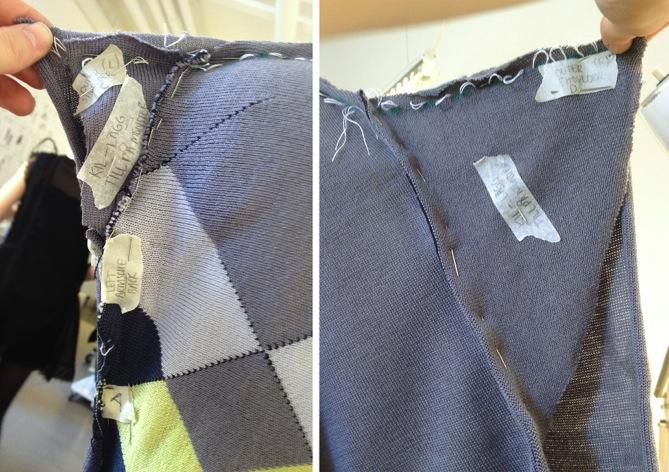 Figur 5: Tillagda kilar på ärmar På det grovt tilltagna provet visade designern vart midjelinjen skulle vara med en tejpmarkering, se figur 4.
